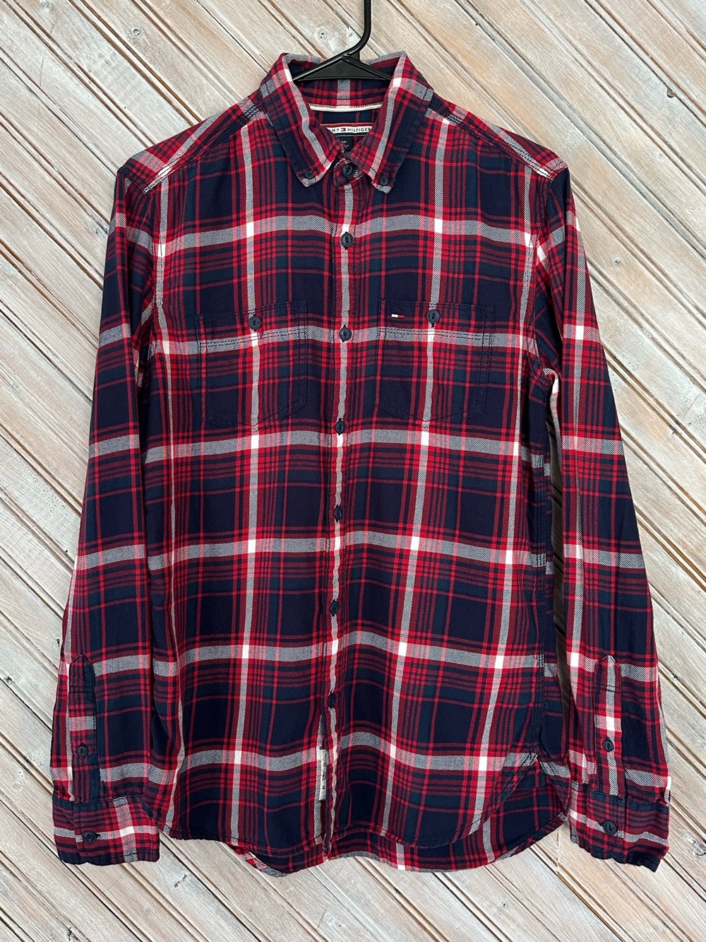 Tommy Hilfiger Red & Navy Flannel Plaid Button-Down Shirt Soft Cozy